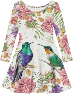 Thin Fall Dress for Girls Casual Cute Long Sleeve Swing Skater Dress Funny Print Party Outfits 5-6 Years Hummingbird