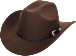 Women Men Western-Cowboy-Cowgirl-Hat Outdoor Faux Felt Wide Brim Western-Belt-Buckle Panama Fedora Hat(M) 7-7 1/4 Coffee