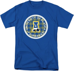 LOGOVISION Official Collegiate Distressed Plaid Badge Short Sleeve Unisex for Men & Women Cotton T Shirt Collection 2 X-Large University of Alaska, Fairbanks