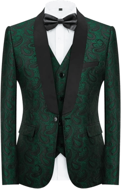 Mens Suits 3 Piece Slim Fit Tuxedo for Men Paisley Suit Prom Tux Shawl Lapel One Button Blazer Vest Pants Set X-Small Green