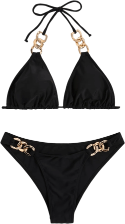 GORGLITTER Women's 2 Piece Chain Swimsuit Triangle Wireless Tops High Cut Thong Bikini Set Bathing Suit