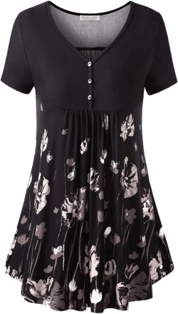 BAISHENGGT Women's V Neck Buttons Pleated Flared Tunic Tops Black Floral M