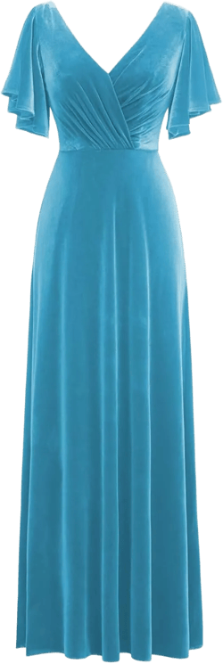 Flutter Sleeve Velvet Bridesmaids Dresses V Neck Women Wedding Long Bridesmaid Dresses for Fall 17 Lake Blue