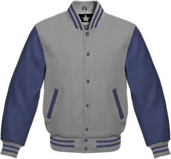 Varsity Jacket Baseball Letterman Bomber School Collage Of Light Grey Wool and Genuine Navy Blue Leather Sleeves 5X-Large Grey