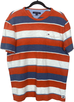Tommy Hilfiger Orange Blue White Striped Logo Short Sleeve Tee Shirt Top M C108 L71
