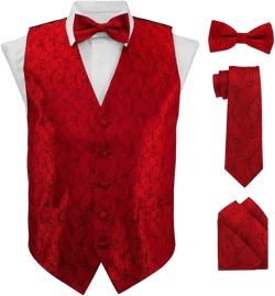 Formal Paisley Satin Suit Vest for Men Set of 4 - Vest, Tie, Bow Tie & Pocket Square (Black Back) Large Red
