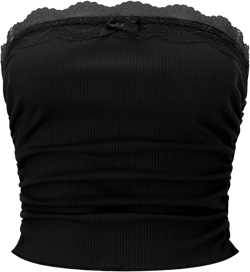 Women Lace Trim Tube Top Strapless Ribbed Ruched Bandeau Y2k Summer Going Out Crop Tops Medium A Black