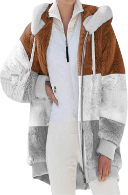 YMING Womens Winter Faux Fur Shaggy Jacket Warm Zip Up Hooded Coat Oversized Shearling Outwear with Pockets X-Small Color Block Caramel