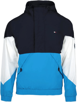 Tommy Hilfiger Men's Retro Lightweight Taslan Hooded Popover Water Resistant Windbreaker Jacket Navy/Bright Blue/White Medium