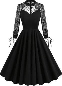Women Mesh Floral Embroidery Vintage Cocktail Swing Dress Illusion 50s Goth Flared A line Casual Wedding Prom Evening Dress at Amazon Women’s Clothing store