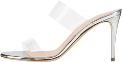 YODEKS Clear Slip On High Heels Sandals Sexy Open Toe Setiletto Heeled Shoes Double Straps High Heel Mules Slide Slipper 8cm Transparent Sandals 12 Silver