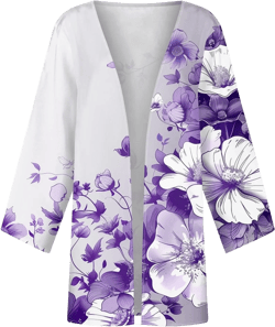 Summer Kimonos for Women Boho Floral Puff Sleeve Cover Ups Cardigan Casual Beach Wear Loose Flowy Shawls and Wraps 01-light Purple XX-Large