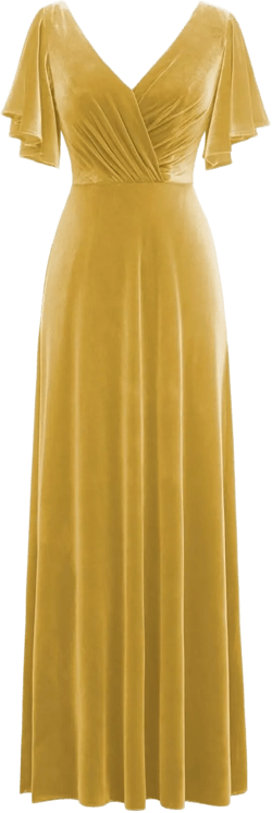 Flutter Sleeve Velvet Bridesmaids Dresses V Neck Women Wedding Long Bridesmaid Dresses for Fall 22 Gold