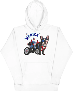 'Merica Female Frenchie in Patriotic Skirt Unisex Hoodie | Black & White Colored
