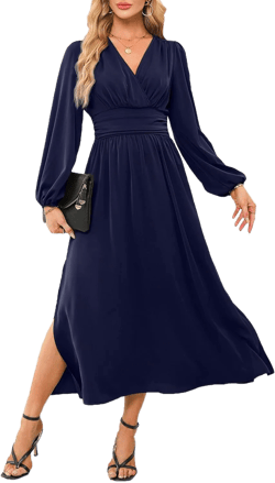 Dokotoo Womens Wrap V-Neck Empire Waist Dress Lantern Sleeve Ruched Side Slit Elegant Maxi Dress Medium Navy Blue