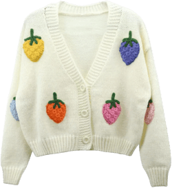 HOULENGS Women's Strawberry Print Button Down Long Sleeve V Neck Crop Cardigan Sweater One Size White
