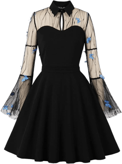 Wellwits Women's Embroidery Mesh Bell Sleeve Gothic Dress 12 Blue Butterfly Embroidery