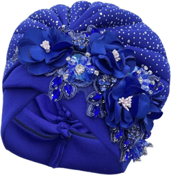 Luxurious African Women's Turban Cap Decorated with Rhinestone Bouquets Pleated Head Wraps Female Shinny Muslim Bonnet Hat (Royal Blue)