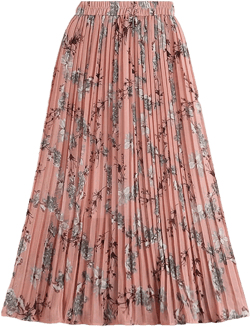 Women Chiffon Pleated Skirt Spring Summer Vintage Floral Print Boho Beach High Waist Midi Long Skirt One Size Pink