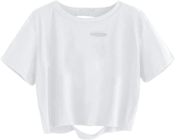 Avanova Women Distressed Loose Crop Top Oversized Short Sleeve Ripped Tee Shirt Large White