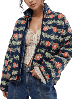 Women's Floral Quilted Jackets Cropped Open Front Lightweight Short Padded Puffer Coat Navy Large