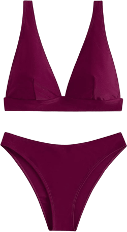 SweatyRocks Women's 2 Piece Bathing Suit V Neck Triangle Bikini Set Plain Swimsuit Beachwear X-Small Red Violet