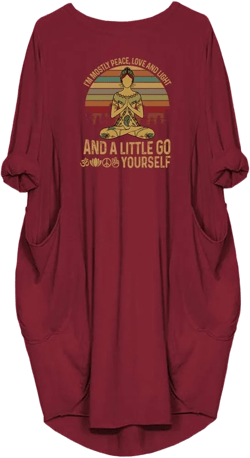 Womens I'm Mostly Peace Love and Light and A Little Go Print Long Sleeve Loose Pocket Oversize Tunic Dress Large Wine Red