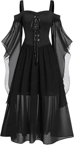 Sywiyi Women's Medieval Renaissance Costume Long Sleeve Cold Shoulder Steampunk Gothic Victorian Corset Dress Black 3X-Large