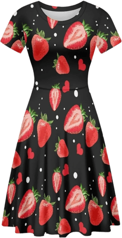 ENLACHIC Women's Casual Animal Floral Print Short Sleeve A Line Swing T Shirt Dress Plus Size 4X-Large Red Love Strawberry