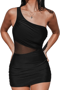 CUPSHE Women's One Piece Swimsuit Asymmetrical Neck Bathing Suit One Shoulder Ruched Mesh Side Waisted Panel Swim Dress X-Large Black