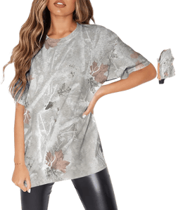 Women Camo T-Shirt Maple-Leaf Print Summer Tops Casual Crewneck Oversized Tshirts Y2K Loose Fit Short Sleeve Shirts 3X-Large A-brown