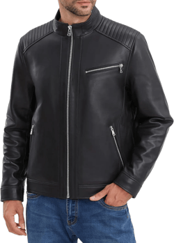 Leather Jacket Men,Lambskin Motorcycle Jacket, Black, Quilted Shoulders, Full Zip Front with Multiple Pockets