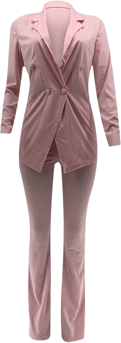 Women Long Sleeves Blazer 2-Piece Suit Office Formal Business Trouser-Suit Slim Fit Jacket Outfits Lapel Buttons Large Pink