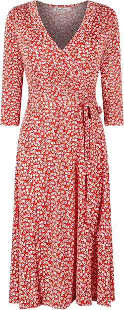 Women's #MadeInUSA 3/4 Sleeve Faux Wrap Midi Dress Knee Length Small Red Ivory