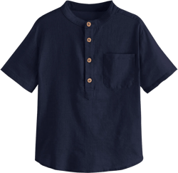 Inorin Boys Button Up Henley Shirt Short Sleeve Lightweight Summer Linen Cotton Dress Shirts Tees Tops with One Pocket 9-10 Years Navy