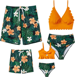 Family Matching Solid Scallop Trim Strappy Two-Piece Swimsuit and Allover Floral Print Swim Trunks Shorts Men Large Floral Orange