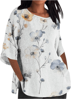 Cotton Linen Shirts for Women 3/4 Sleeve Crew Neck Shirts Plus Size Printed Tops Summer Comfy Shirts Vintage Tops 04 White 3X-Large