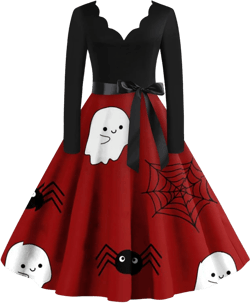 Halloween Dresses for Women Long Sleeve Cocktail Swing Dress Skeleton Pumpkin Printed Cosplay Party Costume : Clothing, Shoes & Jewelry