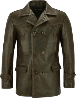 Men's Kriegsmarine German Ww2 Dr Who Reefer Hide Leather Jacket Coat Four Button Leather Car Coat - Pea Coat for Mens Large Distressed Brown