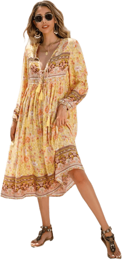 R.Vivimos Women's Long Sleeve Floral Print Retro V Neck Tassel Bohemian Midi Dresses XX-Large Lemon