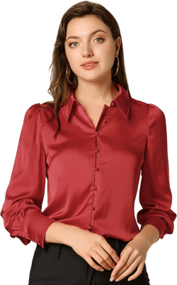 Allegra K Women's Satin Blouse Puff Sleeve Collared Work Office Dressy Silky Button Up Shirt Medium Red