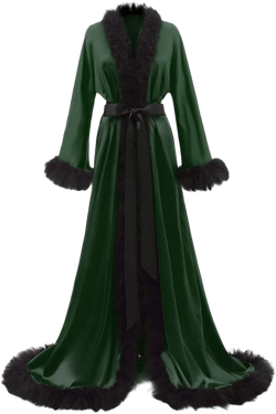 Feather Bridal Robe Silk Satin Luxury Maternity Gown for Photoshoot Wedding Dressing Lingerie Nightgown Small-Medium Emerald Green+black