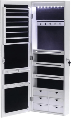Jewelry Armoire Organizer,Non Full Mirror Wooden Wall Mounted 4-Layer Shelf Larger Capacity Jewelry Storage Mirror Cabinet,White (with 6 Drawers 8 Blue LED Light)