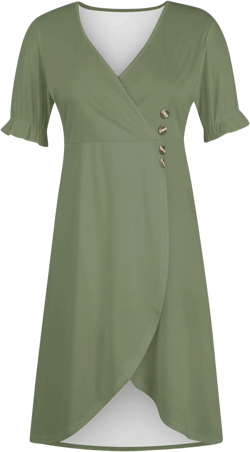 Dresses for Women Summer Boho Floral Print V Neck Maxi Wrap Dress Ruffle A-Line Flowy Maxi Wedding Guest Dresses Small 19-army Green