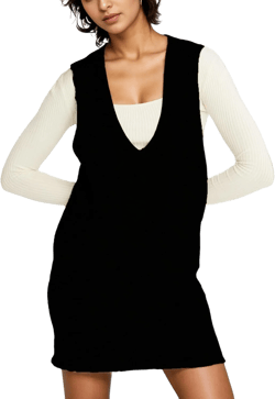 Women’s Sweater Vest Dress V Neck Sleeveless Knit Pullover Pinafore Mini Dress with Pockets Black X-Large
