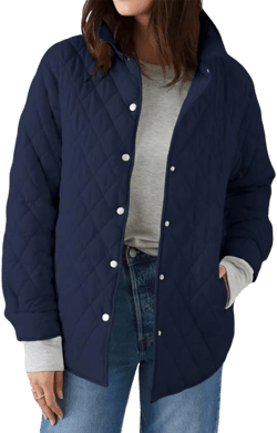 GrlasenWomen's Lightweight Quilted Jacket Stand Collar Single-breasted Long Sleeve Warm Oversized Coat with Pockets X-Large Navy