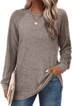 Saloogoe Tunic Sweatshirts for Women Crewneck Lightweight Sweaters Raglan Long Sleeve Shirts Fall Fashion Tops 2024 All Khaki XX-Large