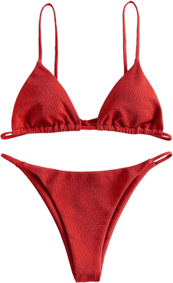 ZAFUL Women's Sexy Triangle Bikini Set Cami String Swimwear Texture High Cut Thong Swimsuit Cheeky Two Piece Bathing Suit Small Red New 5