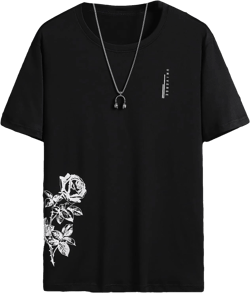 SOLY HUX Men's Letter Floral Print Graphic Tees Short Sleeve Round Neck T Shirt Tops Medium Black Floral