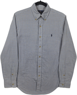 Polo Ralph Lauren White Blue & Brown Checkered Slim Fit Dress Shirt Size S